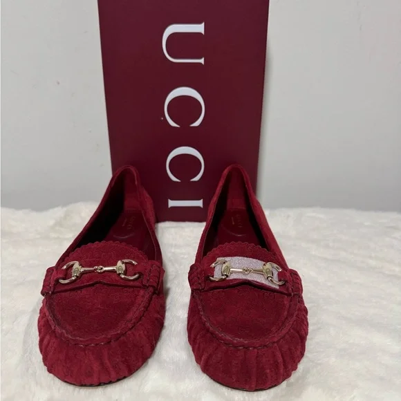 Gucci Women's Burgundy Suede Horsebit Loafers - Picture 2 of 6